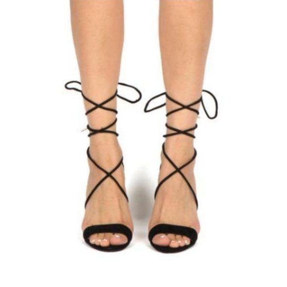 Black Suede & Canvas Lace Up Heels - Picture 4 of 4